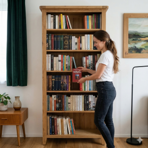 vysoka kniznica z masivu s drevenymi policami, zmontovana kniznica bez montaze