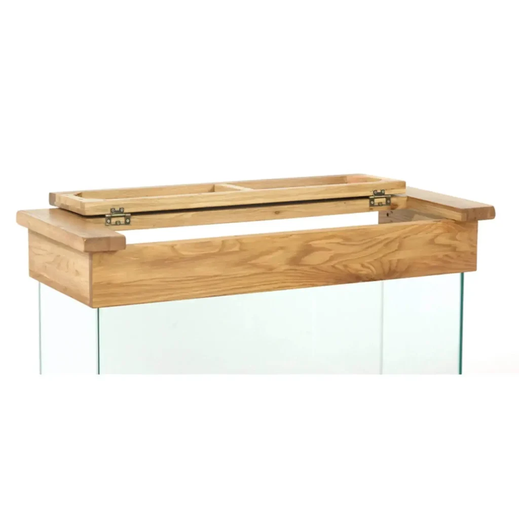 Stolík pod akvárium z masívu s 2 zásuvkami, dvierkami a dreveným krytom pre 200 L akvárium, drevený kryt