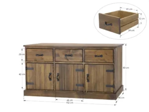 Rustikálna veľká drevená komoda s 3 zásuvkami a 3 dvierkami rozmery