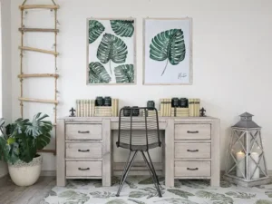 Vidiecky patinovaný drevený písací stôl so 6 zásuvkami a stoličkou