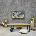 Industriálny konferenčný stolík s kovovými koliaskami a 2 nohami 145x70x48 cm