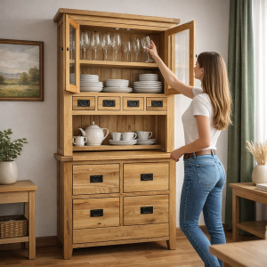 Príborníková zostava komoda s pol-vitrínou v klasickom štýle dub masiv