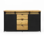 Kovová komoda s dvierkami na koľajnici a 3 drevenými zásuvkami, 150x45x90 cm