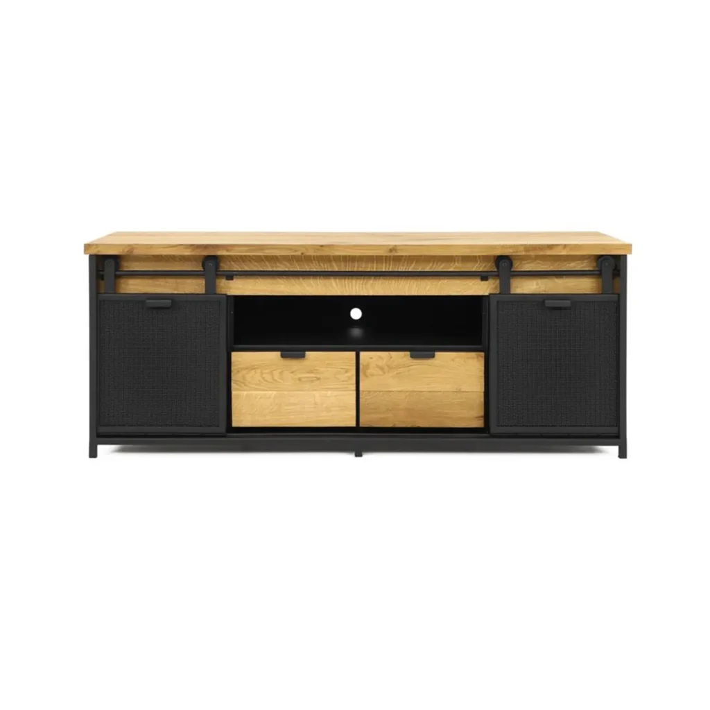 čierna kovová TV skrinka s dvierkami na koľajnici široká 1,5m