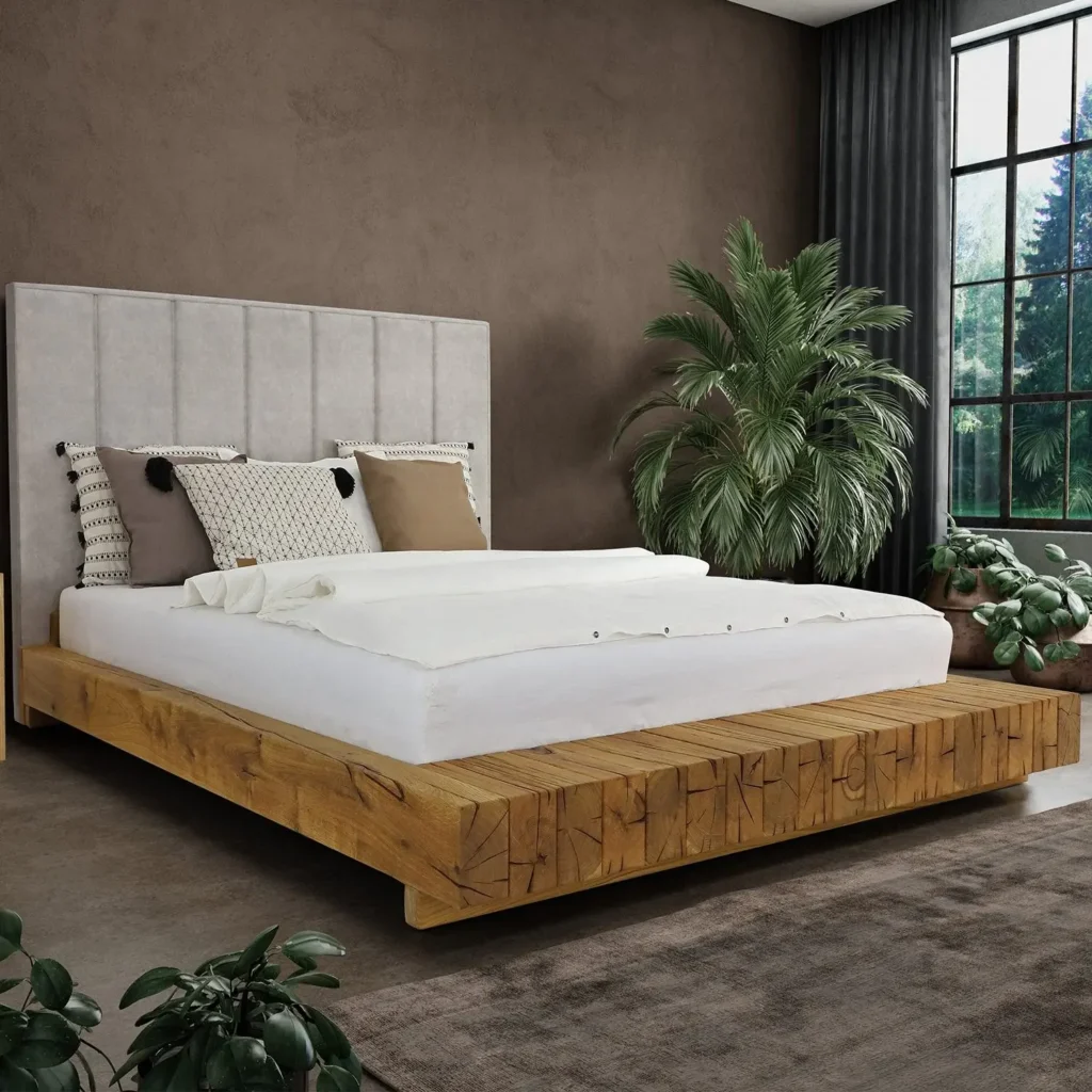 Nízka posteľ z drevených trámov s vysokým čelom