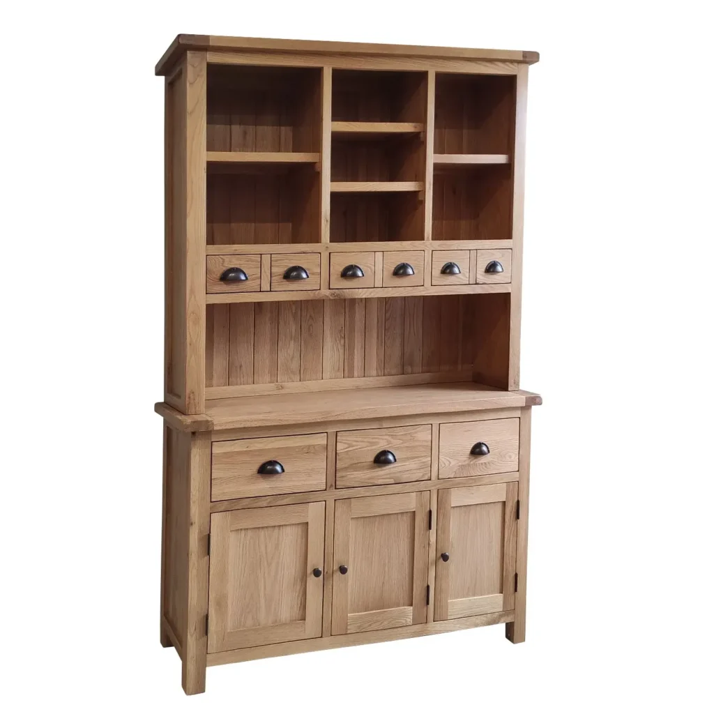 Dubová príborníková zostava so zásuvkami, poličkami a dvierkami