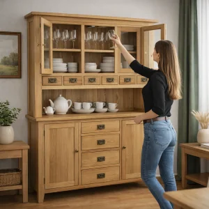 Široká príborníková zostava z dubového masívu- komoda plus príborníková vitrína